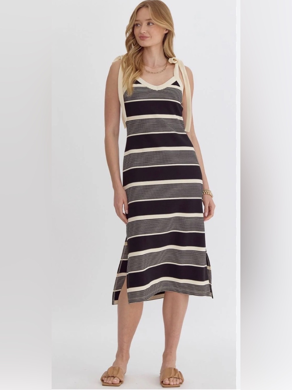 entro Black and Cream Striped Tie-Shoulder Midi Dress